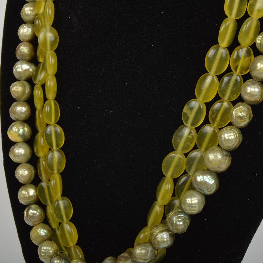Green Pearl and Chalcedony Necklace with 14K Yellow Gold Clasp