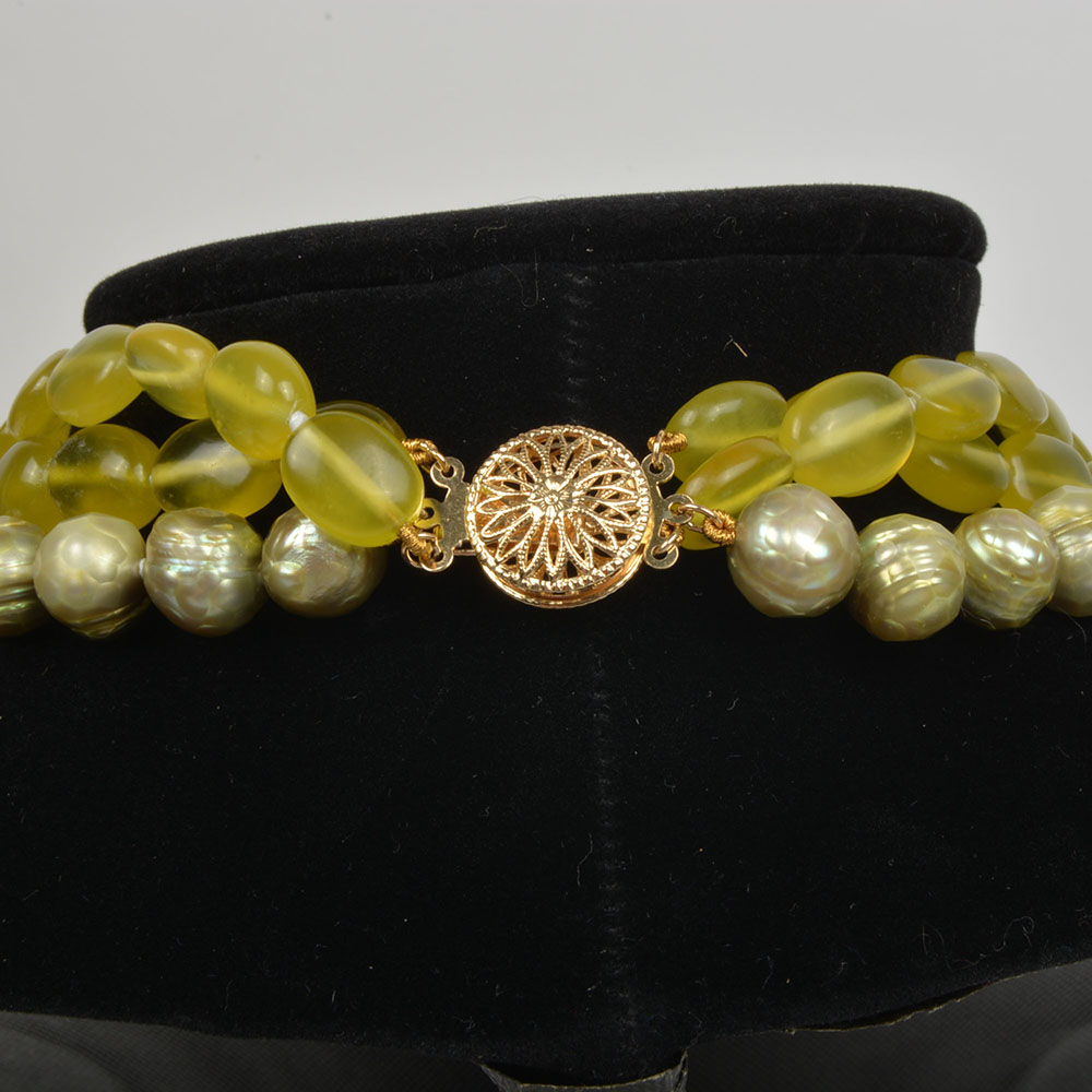 Green Pearl and Chalcedony Necklace with 14K Yellow Gold Clasp