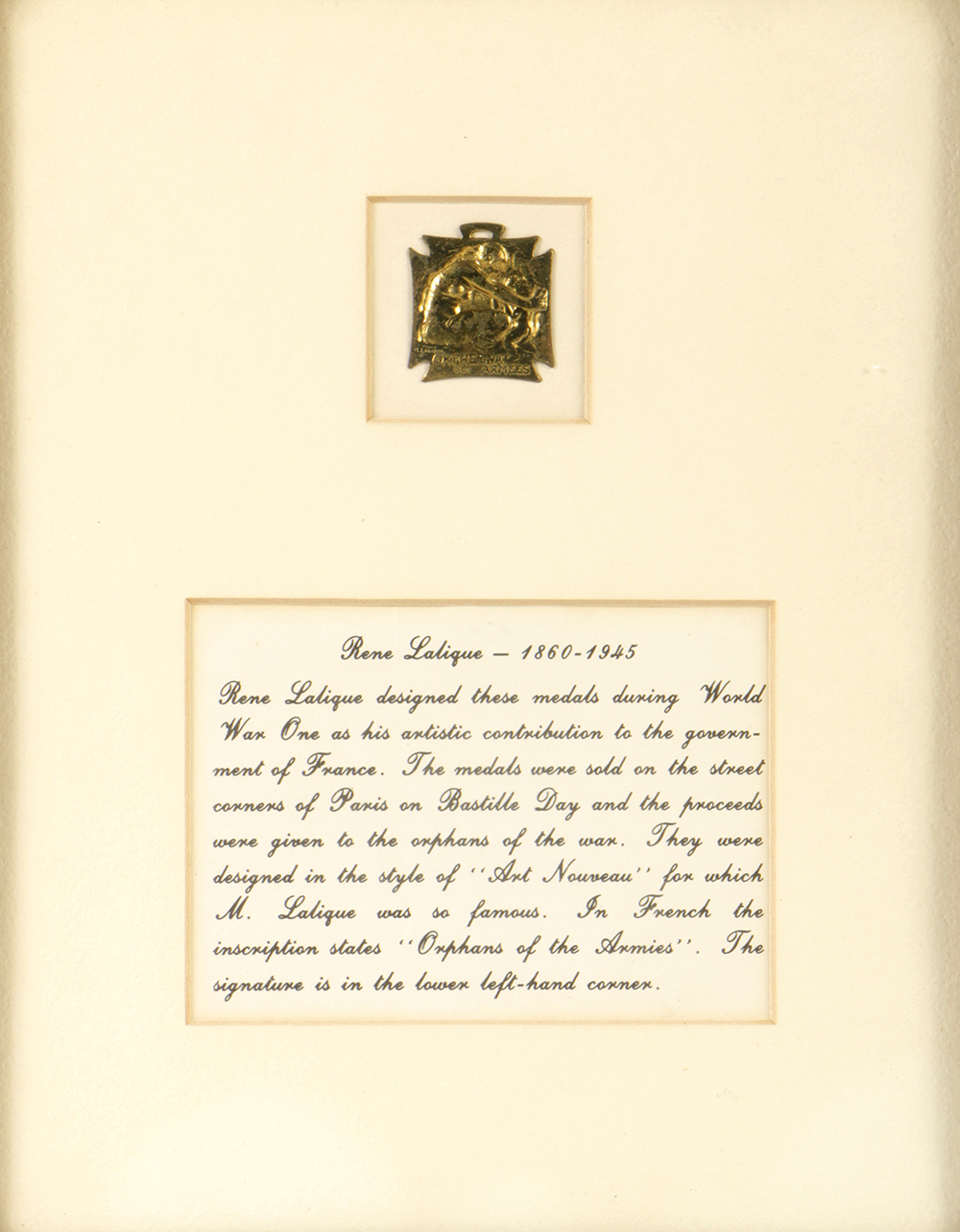 Rene Lalique Brass Fundraising Medal from World War I