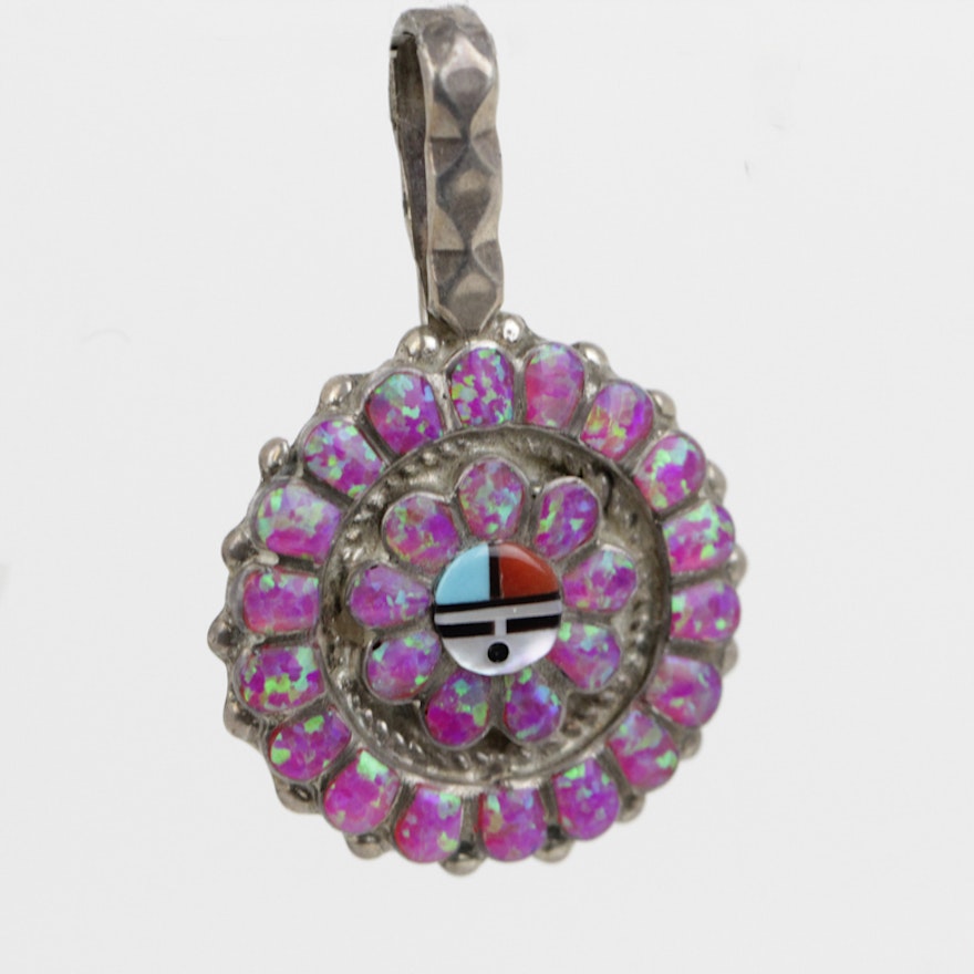 Ruth Lonjose Sunface Zuni Sterling Silver and Pink Opal Pendant