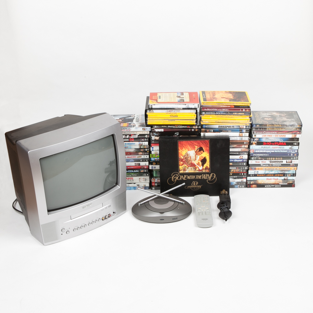 Toshiba 13" Television/DVD Player and 75 DVDs/Blu-ray Discs