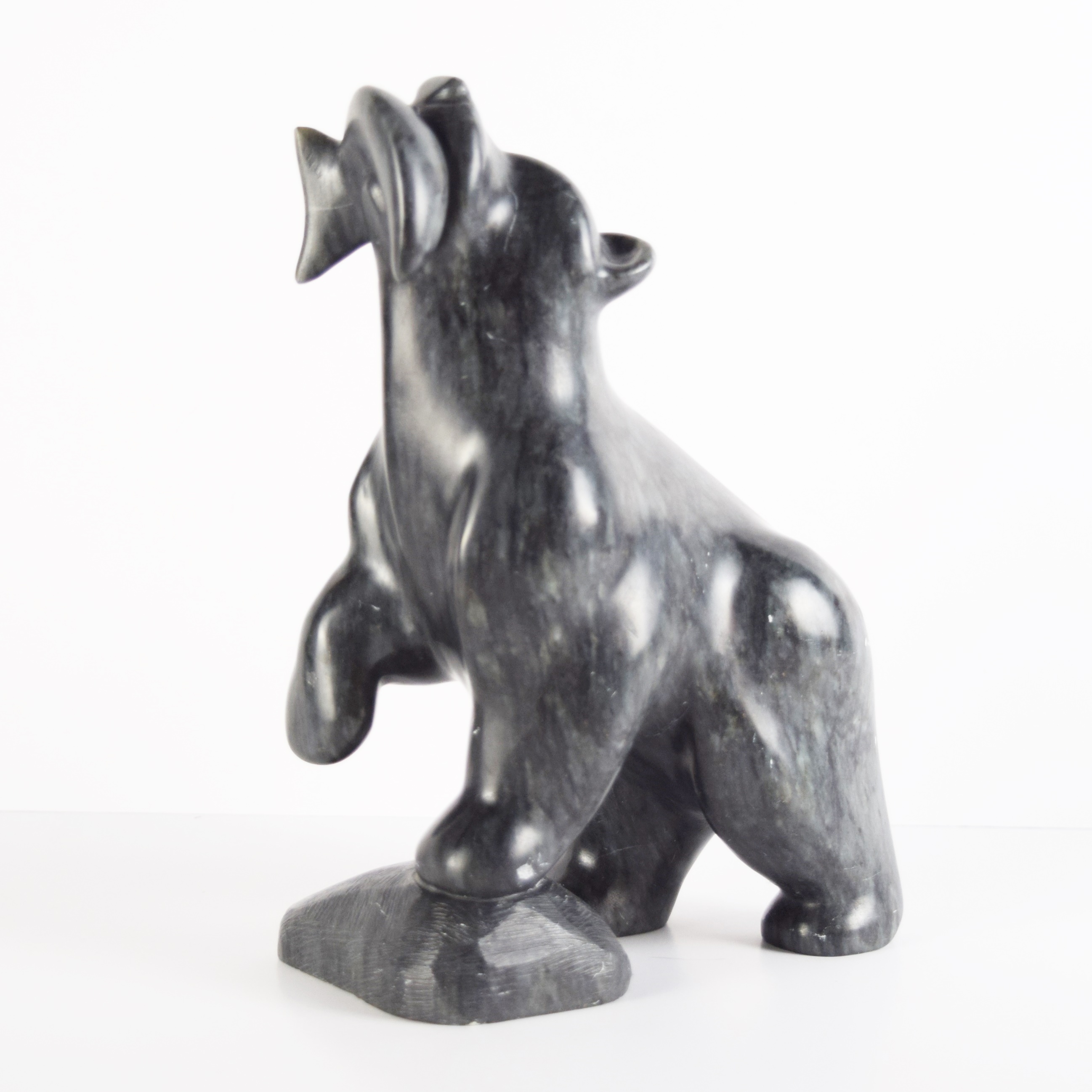 Inuit Stone Sculpture of Bear with Fish, Signed Gline