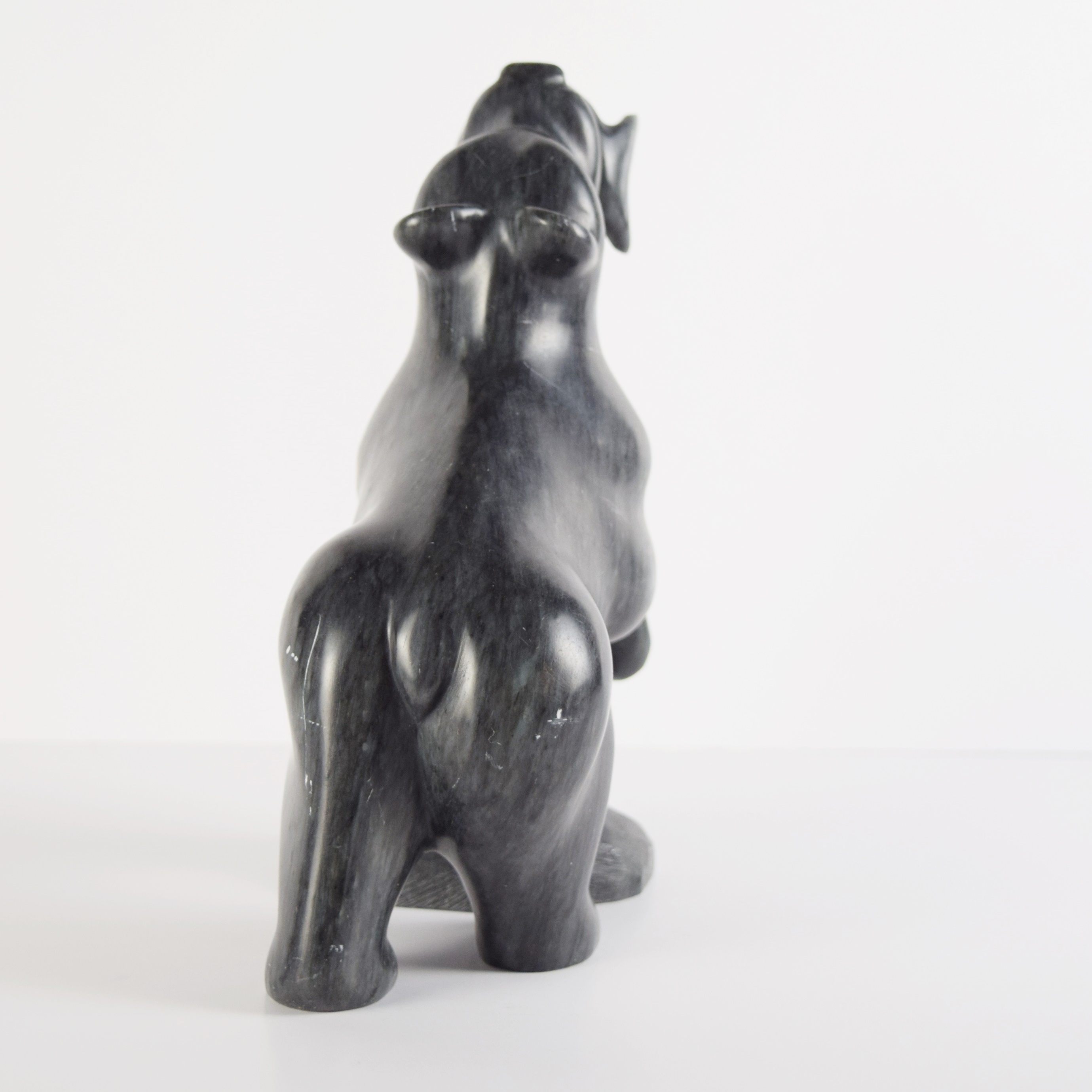 Inuit Stone Sculpture of Bear with Fish, Signed Gline