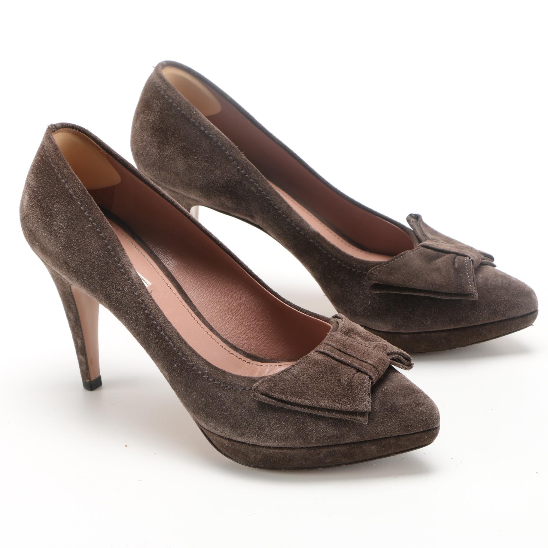 Women's Brown Suede Prada Bow Toe Pumps, Size 38