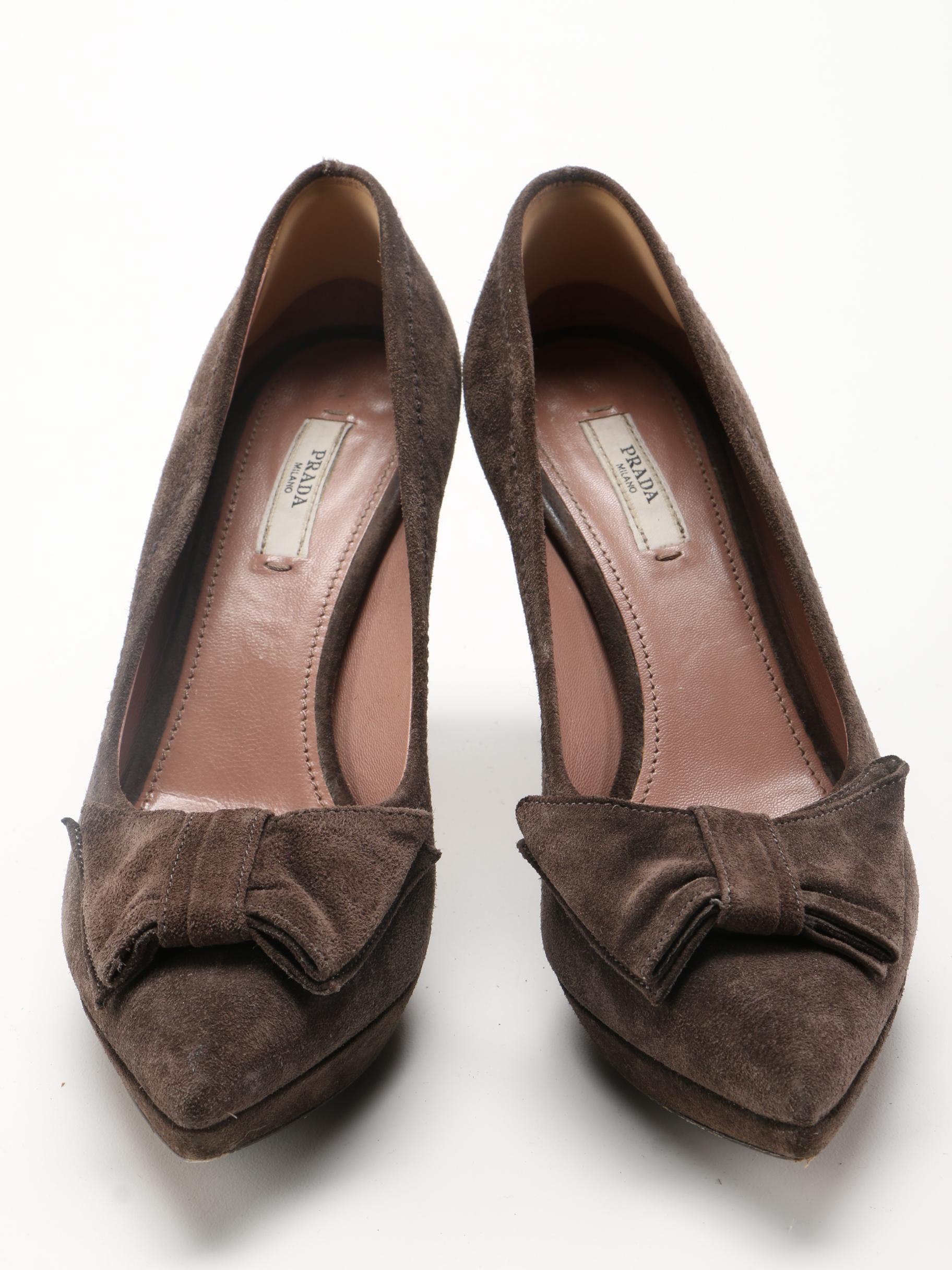 Women's Brown Suede Prada Bow Toe Pumps, Size 38