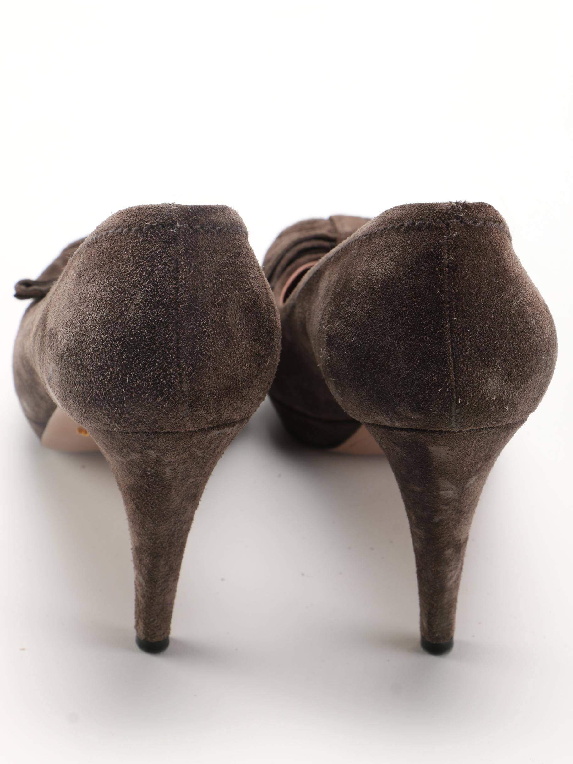 Women's Brown Suede Prada Bow Toe Pumps, Size 38
