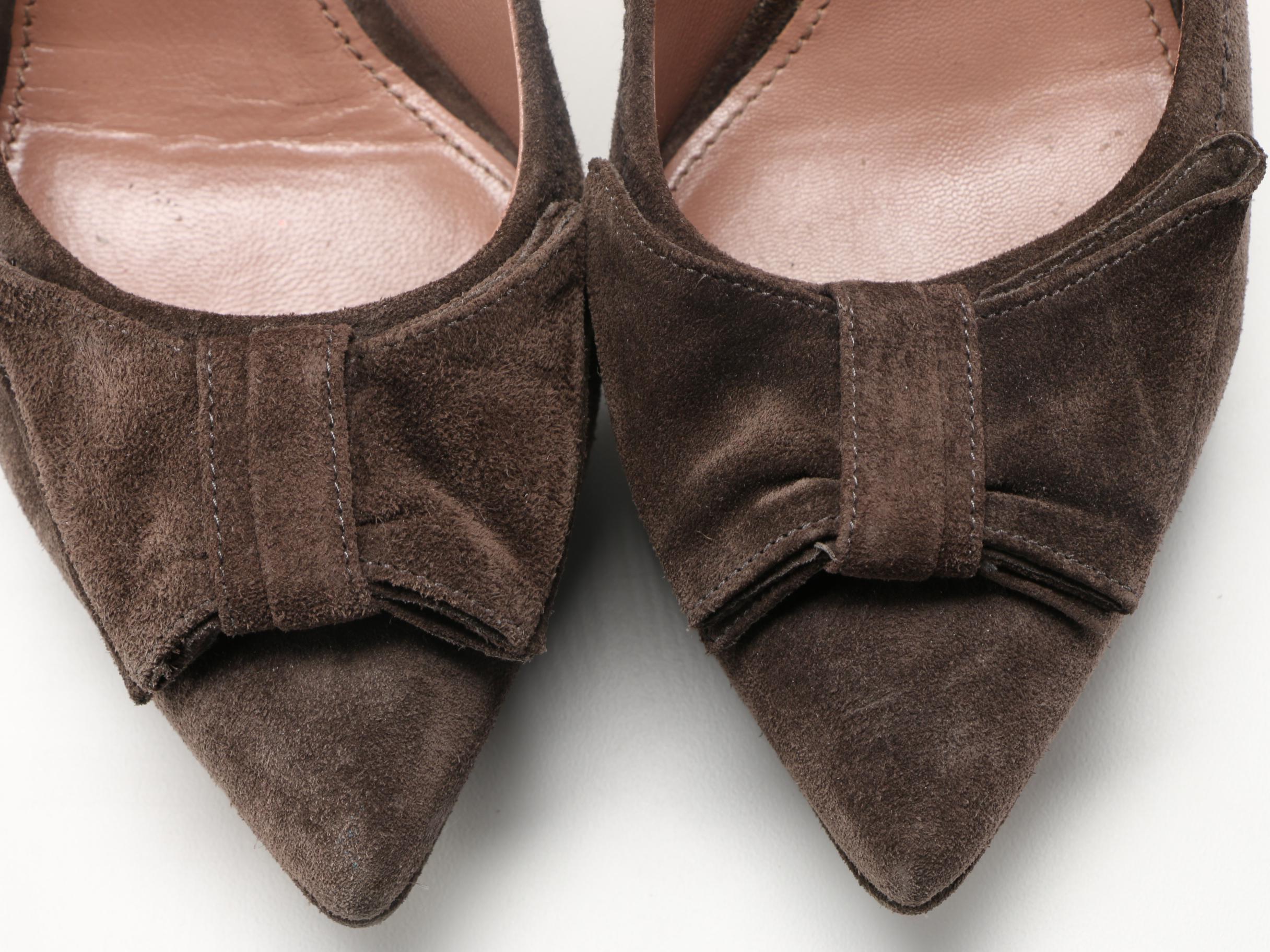 Women's Brown Suede Prada Bow Toe Pumps, Size 38