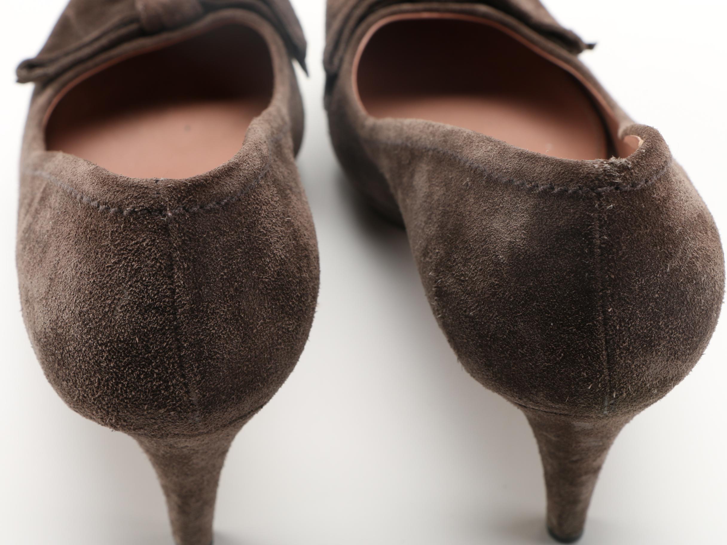 Women's Brown Suede Prada Bow Toe Pumps, Size 38