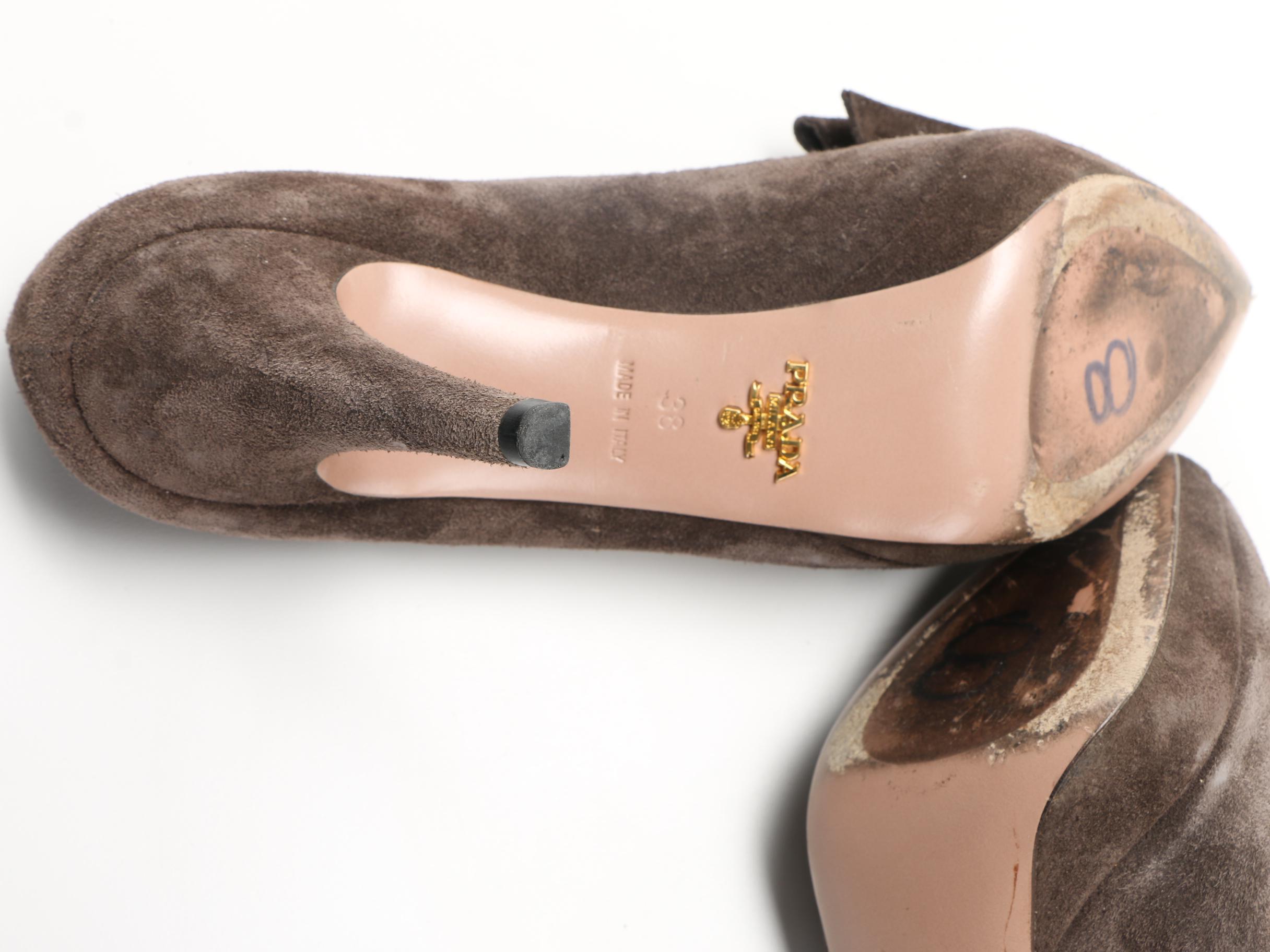 Women's Brown Suede Prada Bow Toe Pumps, Size 38