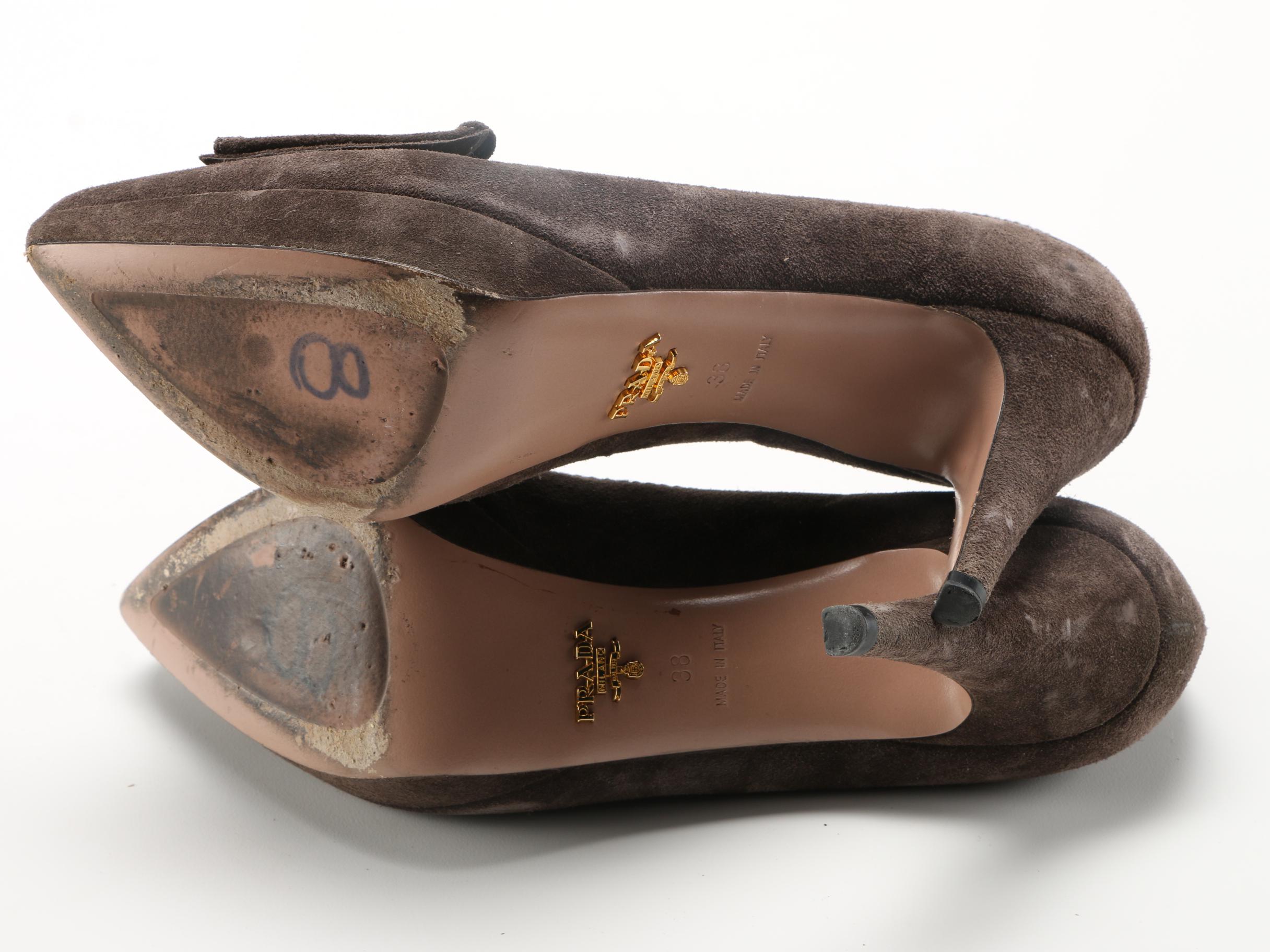 Women's Brown Suede Prada Bow Toe Pumps, Size 38