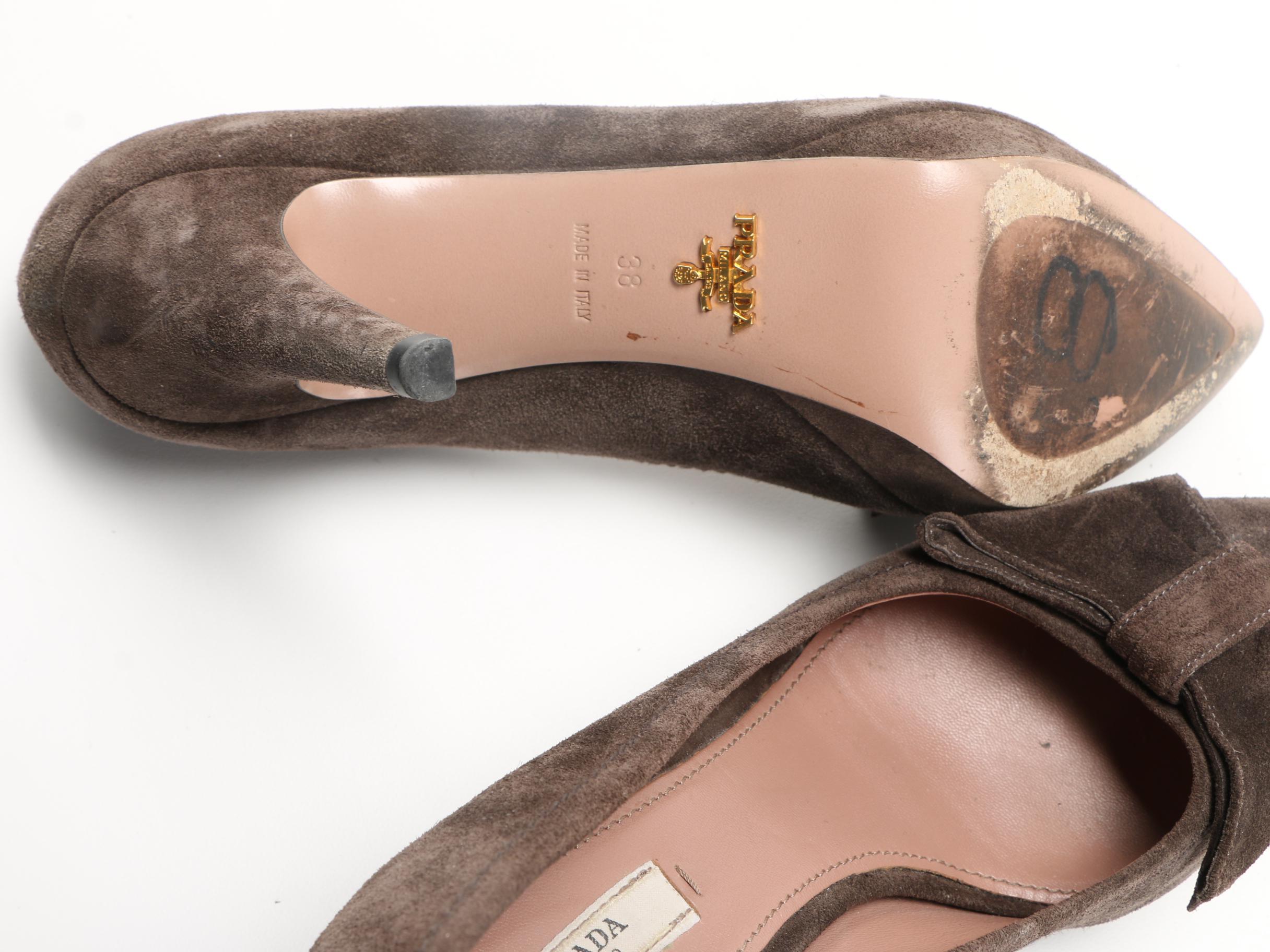 Women's Brown Suede Prada Bow Toe Pumps, Size 38