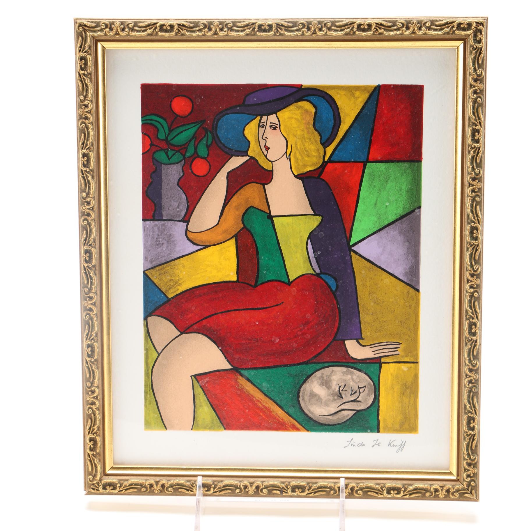 Linda Le Kinff Serigraph of a Seated Woman With a Cat