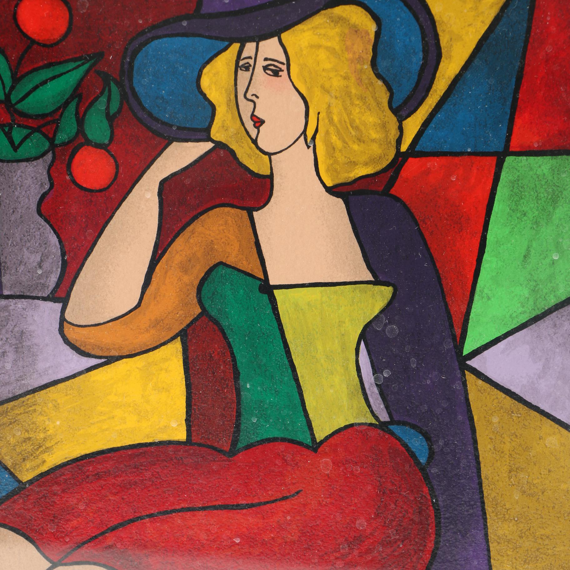 Linda Le Kinff Serigraph of a Seated Woman With a Cat