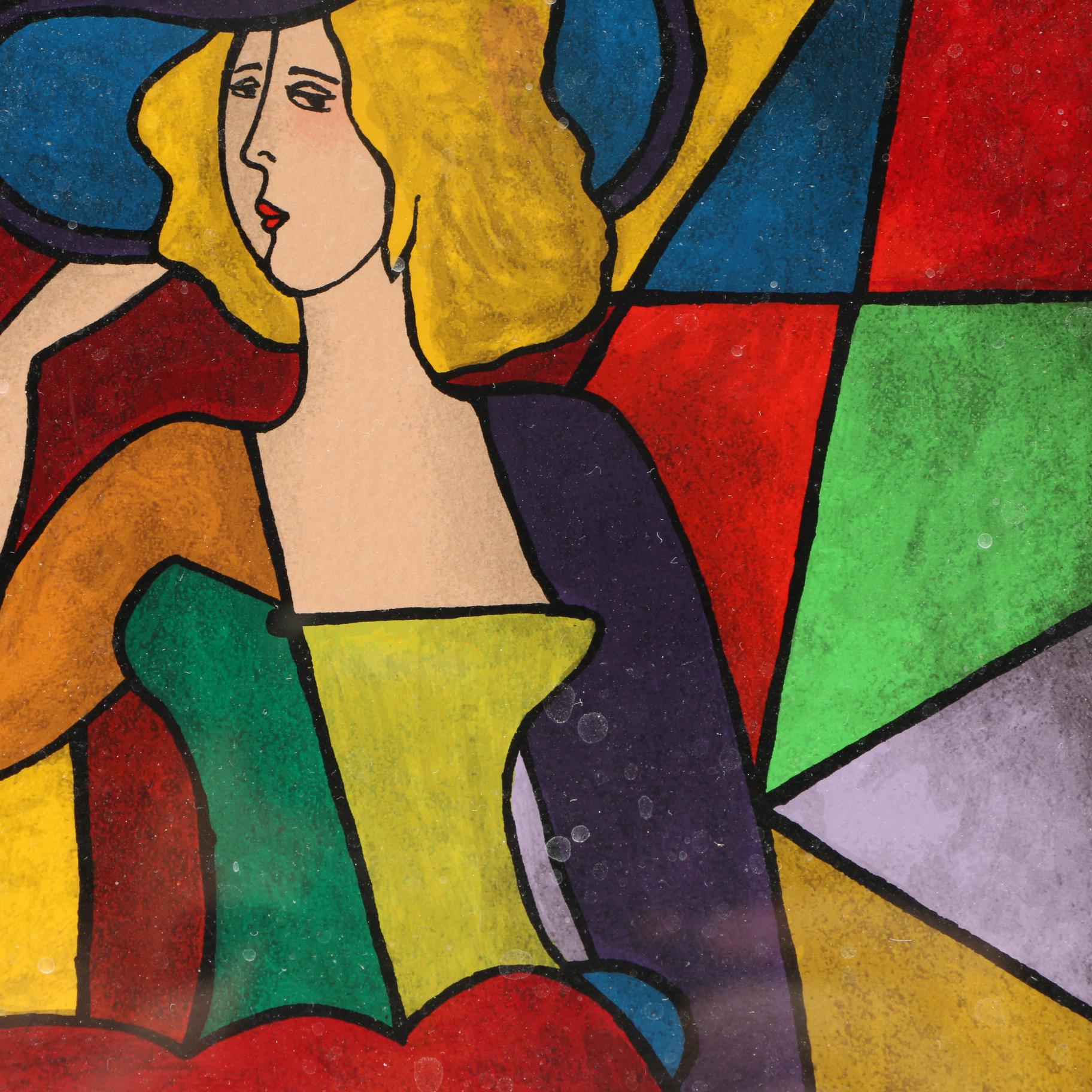 Linda Le Kinff Serigraph of a Seated Woman With a Cat