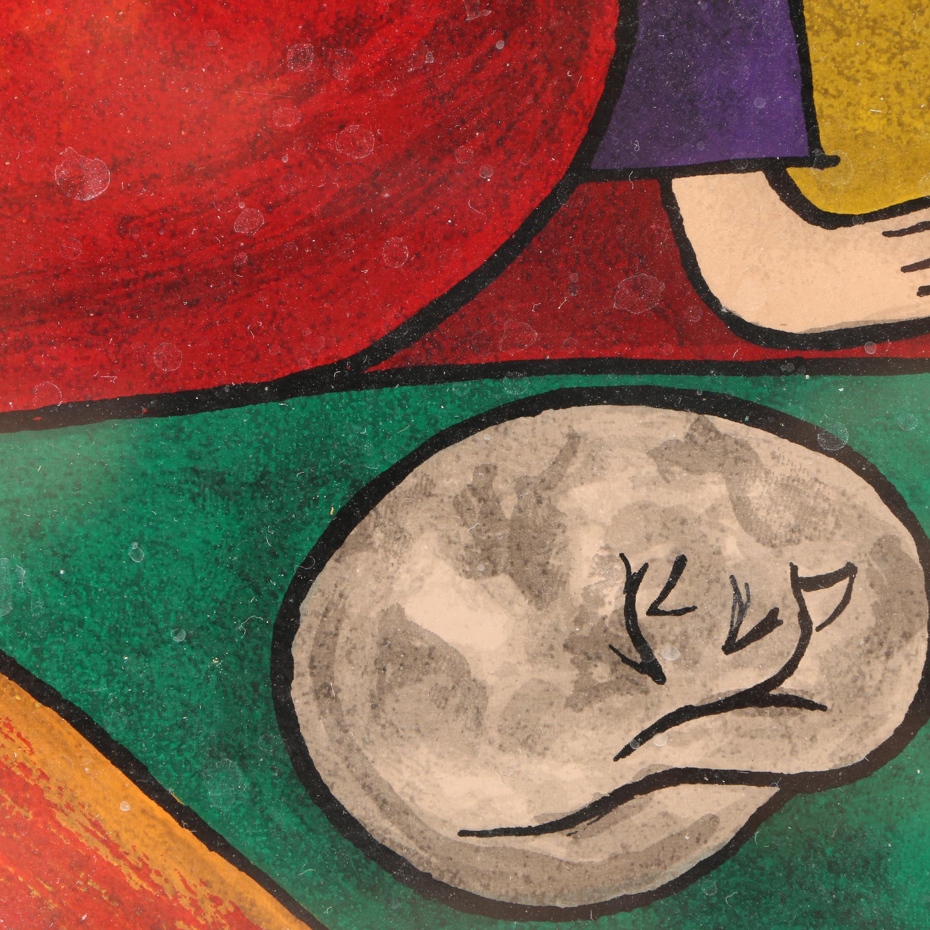 Linda Le Kinff Serigraph of a Seated Woman With a Cat