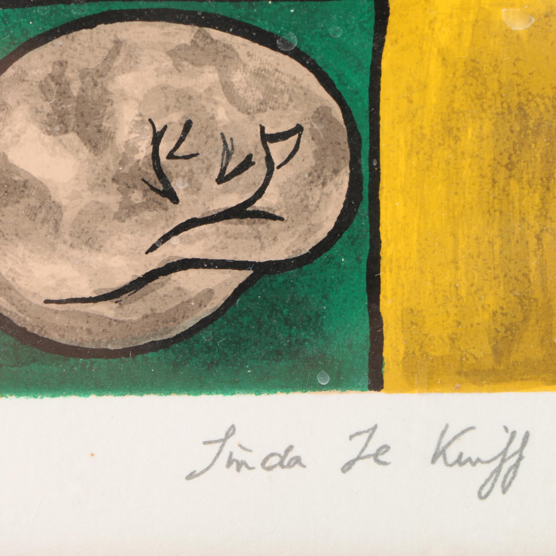 Linda Le Kinff Serigraph of a Seated Woman With a Cat