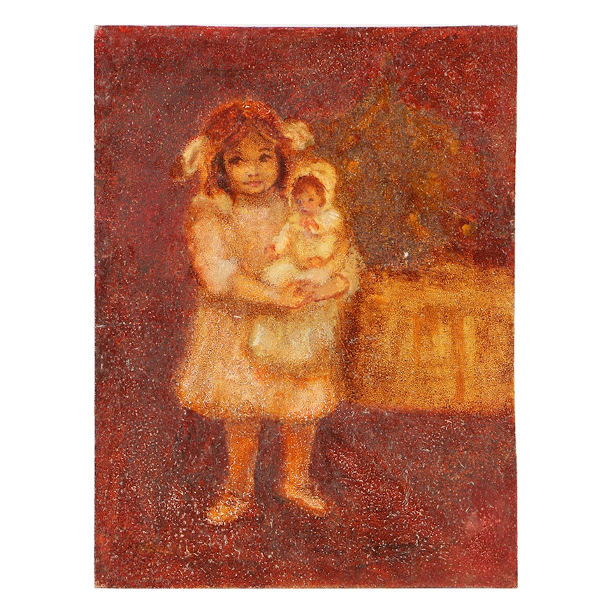 Ruth Vamos Oil Painting on Board Portrait of a Girl with Doll