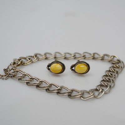 Sterling Silver Bracelet and Amber Pierced Earrings