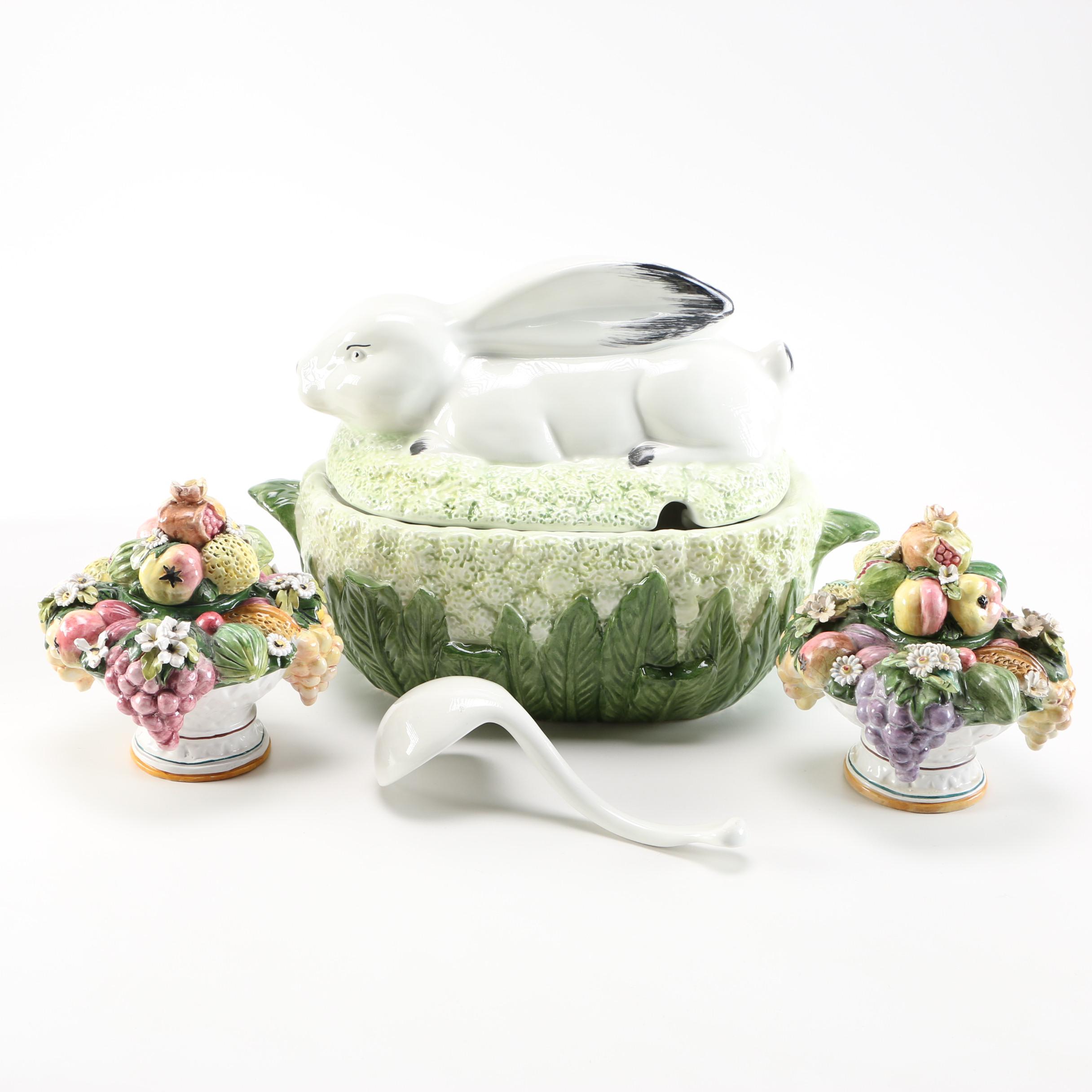 Italian Majolica Rabbit Tureen and Vessels