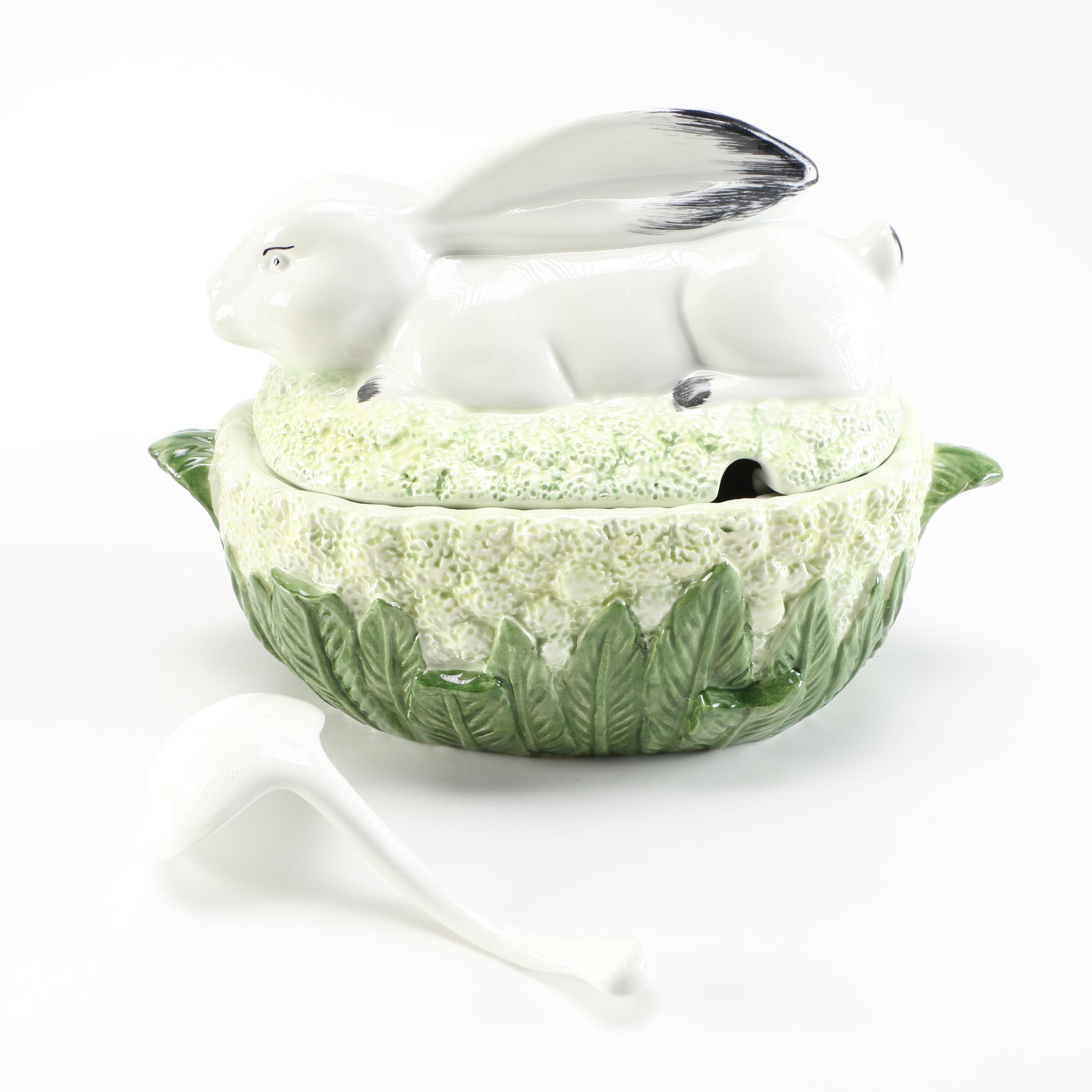 Italian Majolica Rabbit Tureen and Vessels