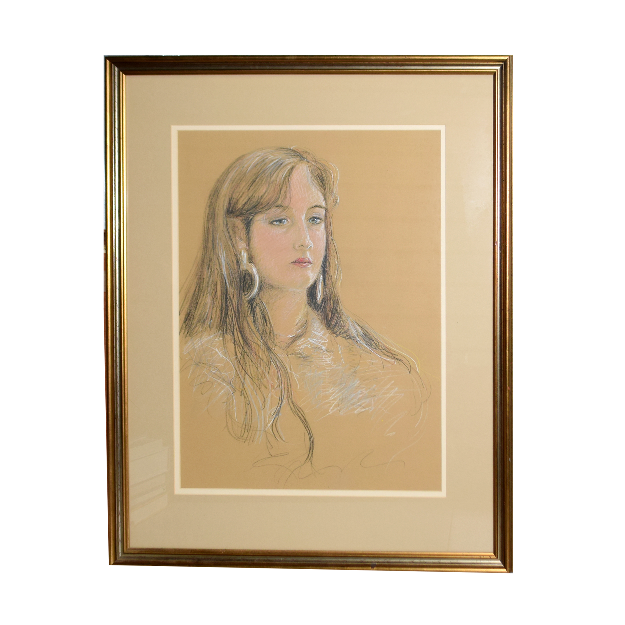 Framed Pastel Drawing of a Young Woman