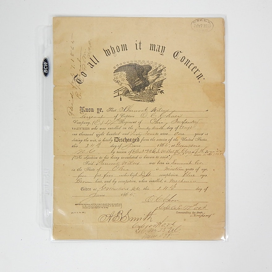 1865 Civil War Discharge Certificate