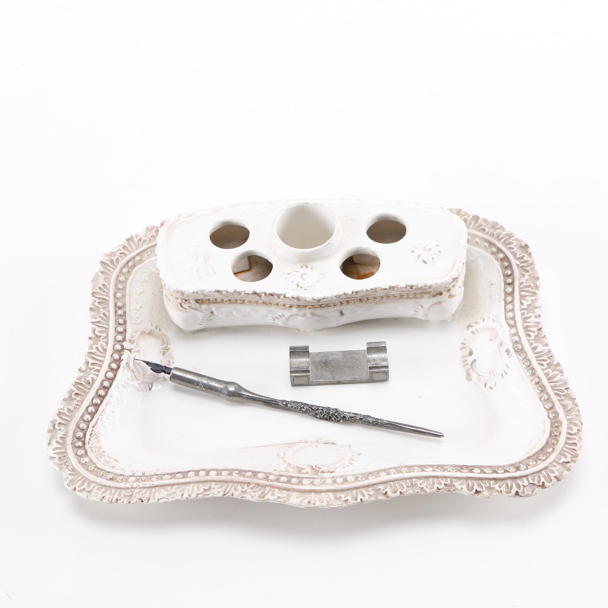 Italian Porcelain Inkwell and French Aladine Pen