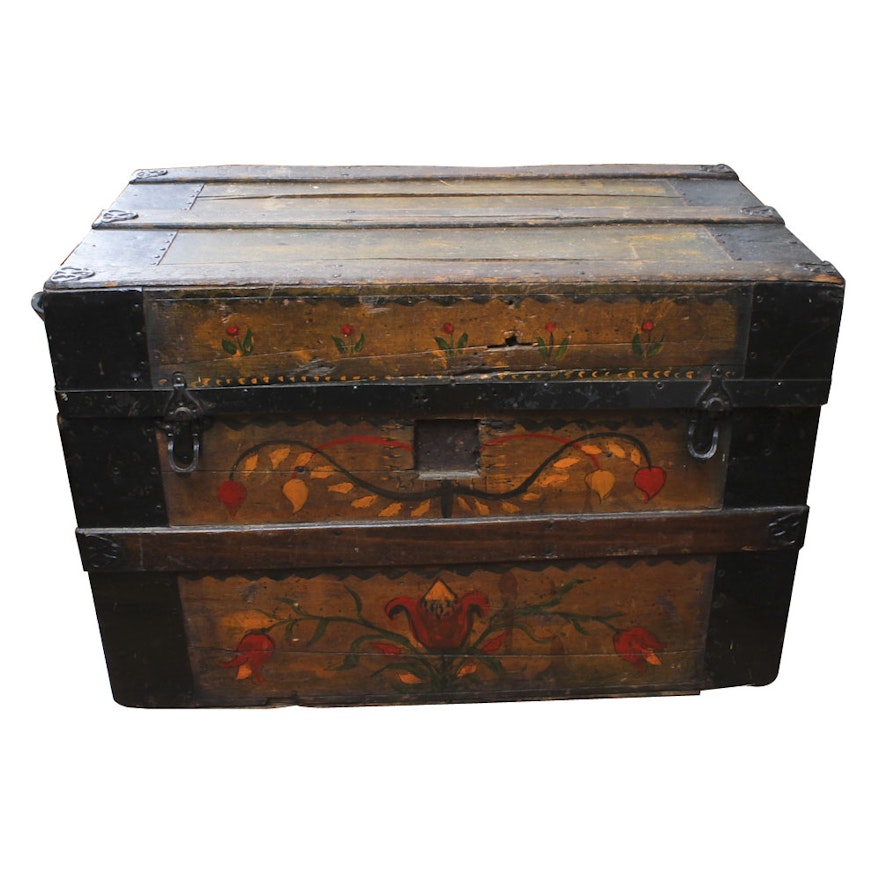 Antique Steamer Trunk With Hand-Painted Decoration