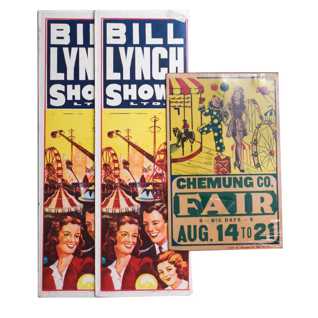 Two Duplicate 1940s Advertising Posters for Bill Lynch Shows and One 1940s County Fair Poster