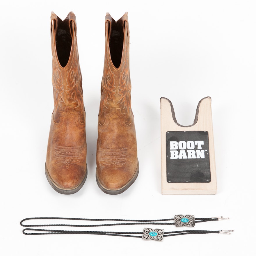 Justin Leather Cowboy Boots with Bolo Ties and Boot Jack