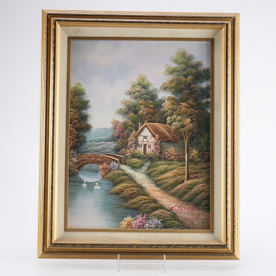 K. Hoskin Signed Original Acrylic Painting of a Cottage