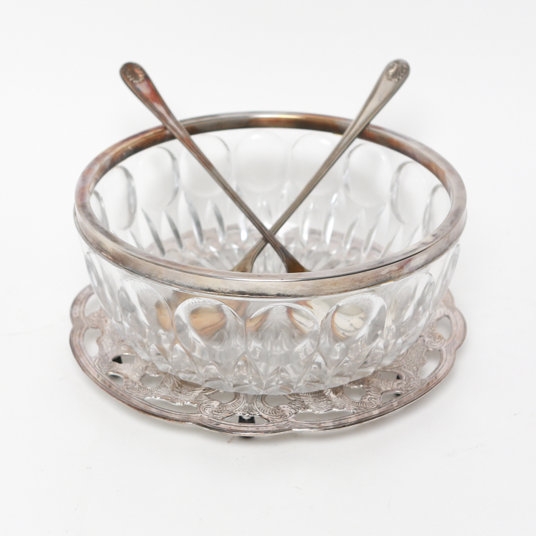 Vintage Crystal Salad Bowl with Silver Tone Rim and More