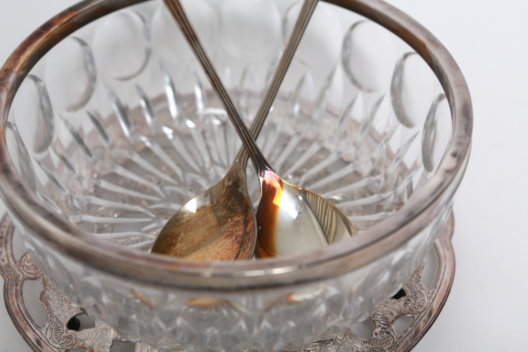Vintage Crystal Salad Bowl with Silver Tone Rim and More