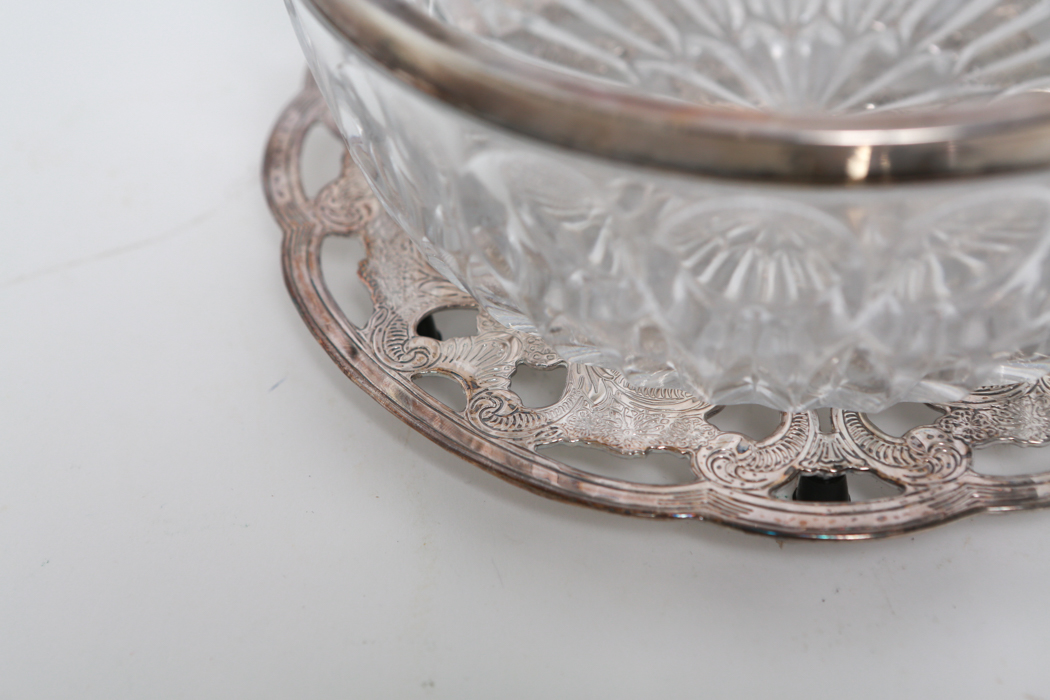 Vintage Crystal Salad Bowl with Silver Tone Rim and More