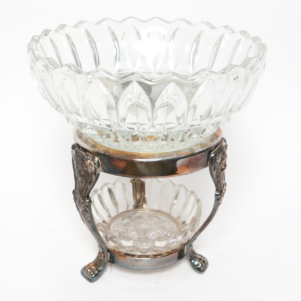 Vintage Silver Plate Chafing Stand With Two Lead Crystal Bowls