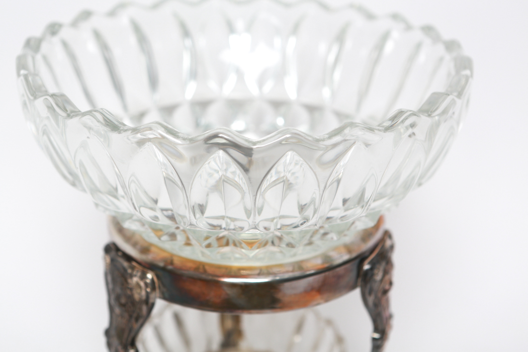 Vintage Silver Plate Chafing Stand With Two Lead Crystal Bowls