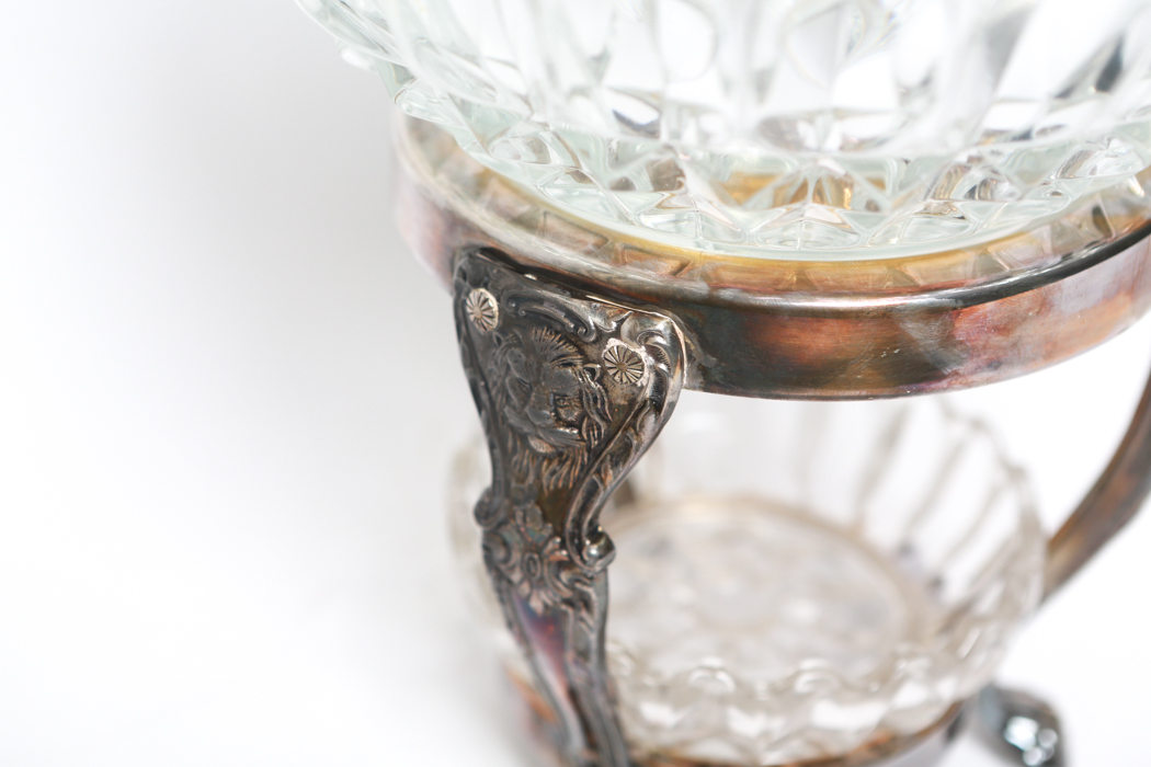 Vintage Silver Plate Chafing Stand With Two Lead Crystal Bowls