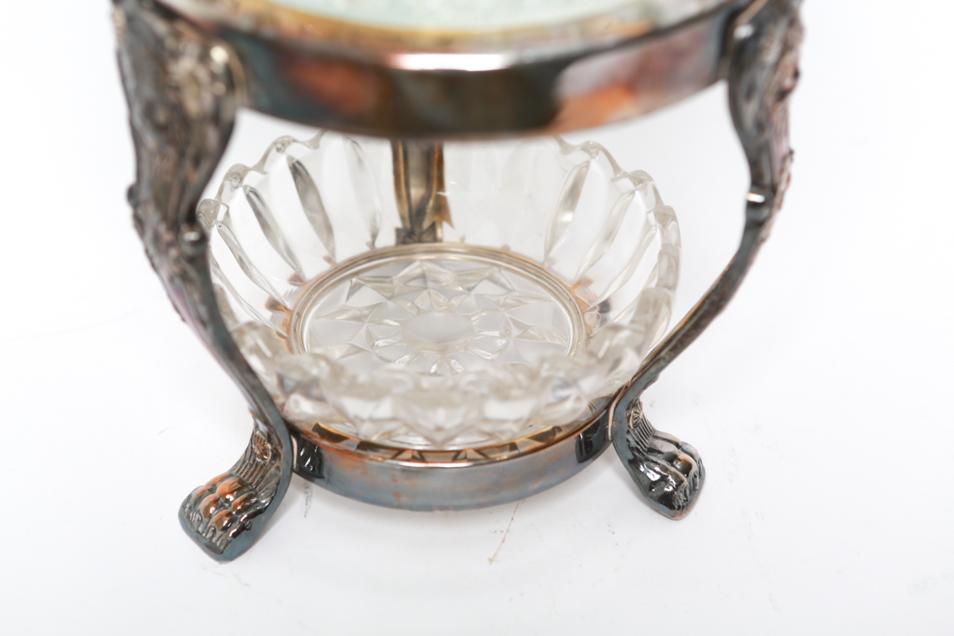 Vintage Silver Plate Chafing Stand With Two Lead Crystal Bowls