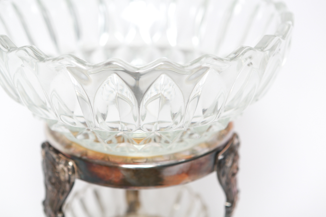 Vintage Silver Plate Chafing Stand With Two Lead Crystal Bowls