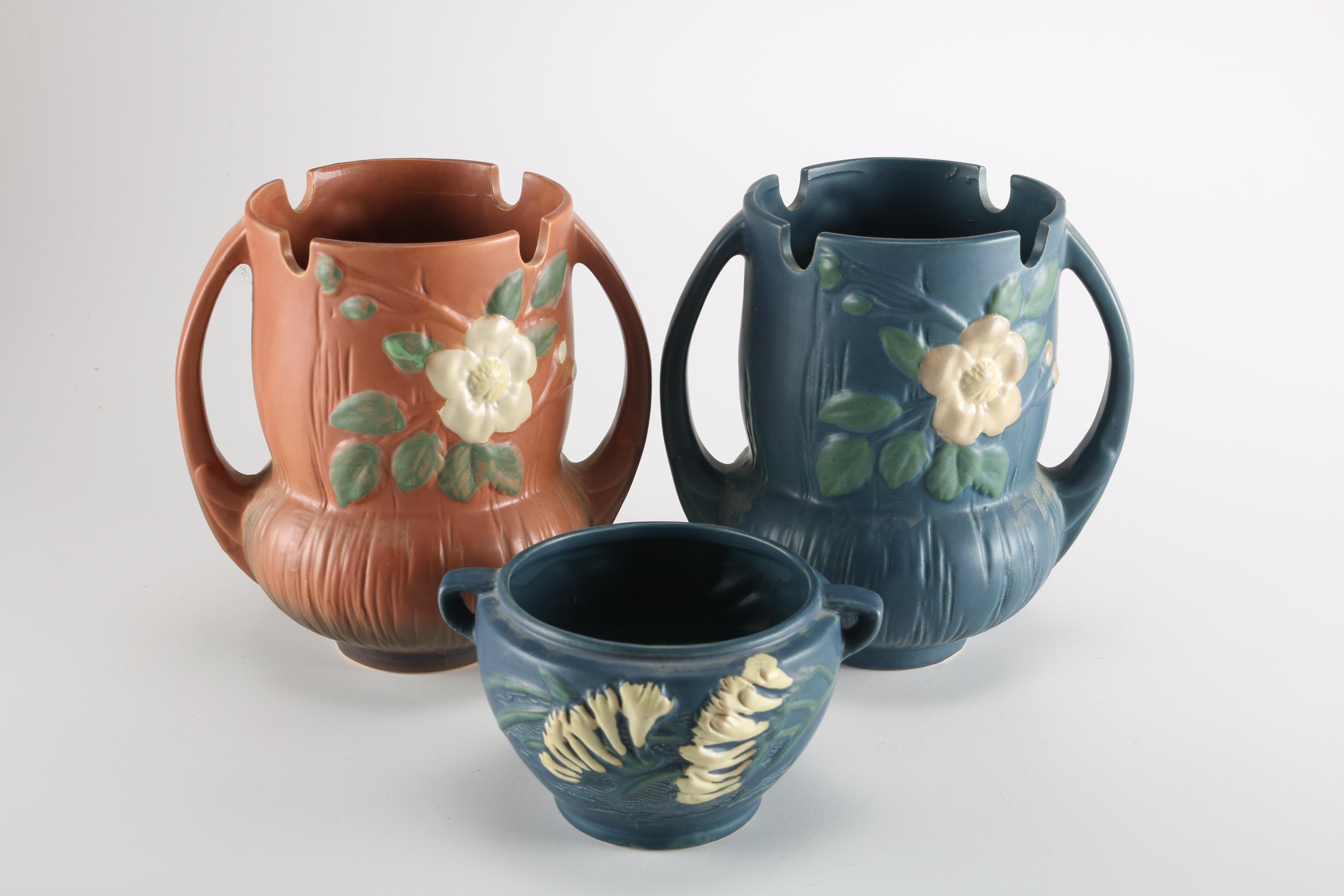 Vintage Roseville Pottery "White Rose" Vases and "Freesia" Jardiniere