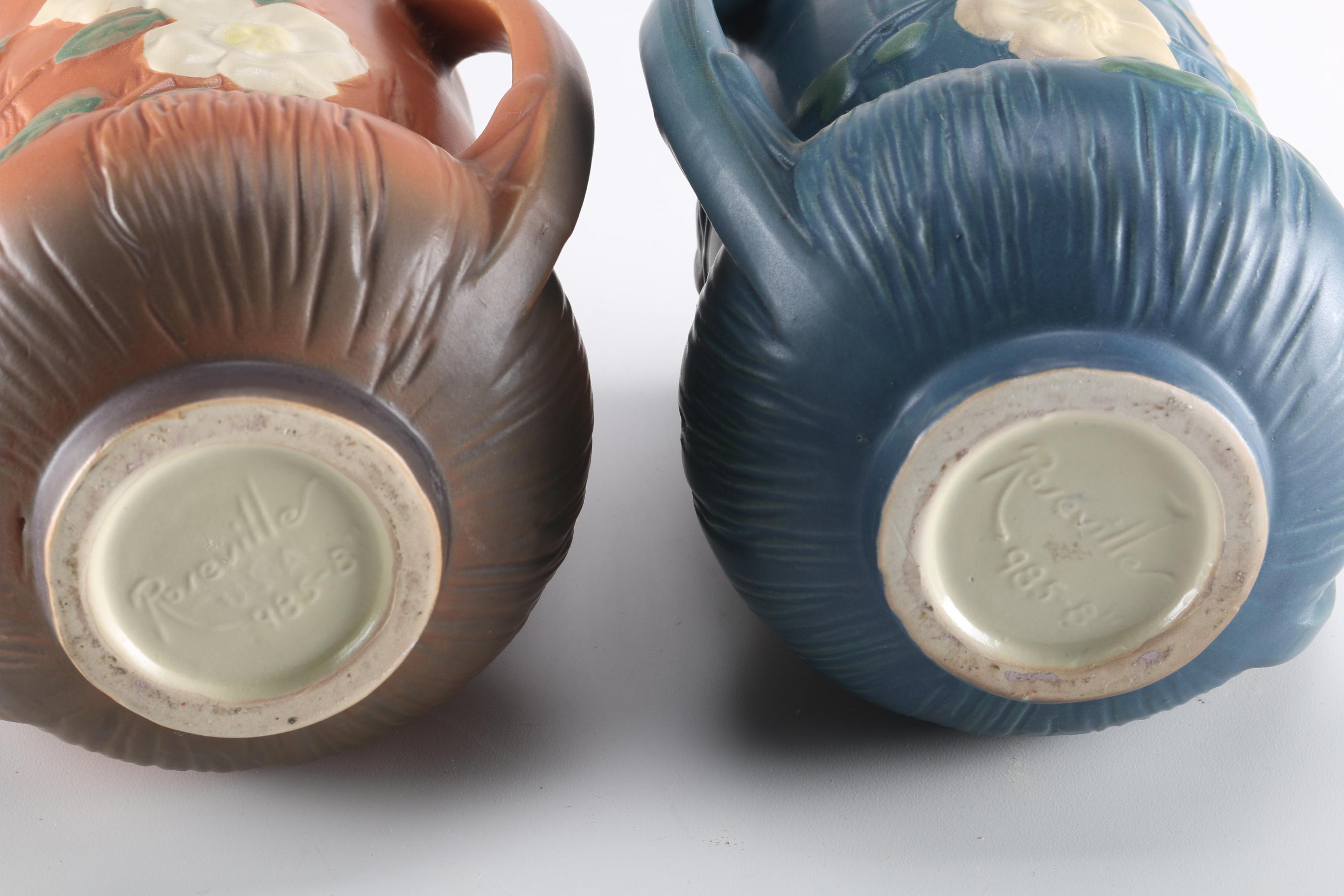 Vintage Roseville Pottery "White Rose" Vases and "Freesia" Jardiniere