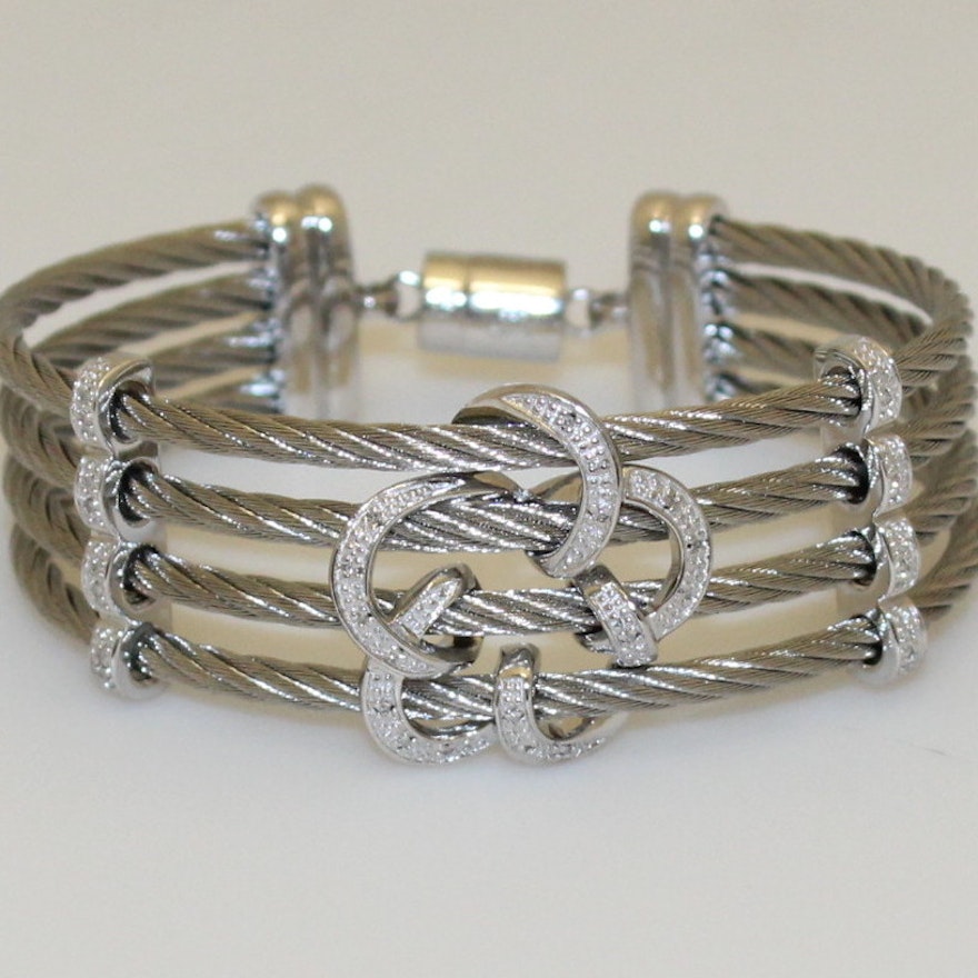 Sterling and Pave Diamond Cable Bracelet