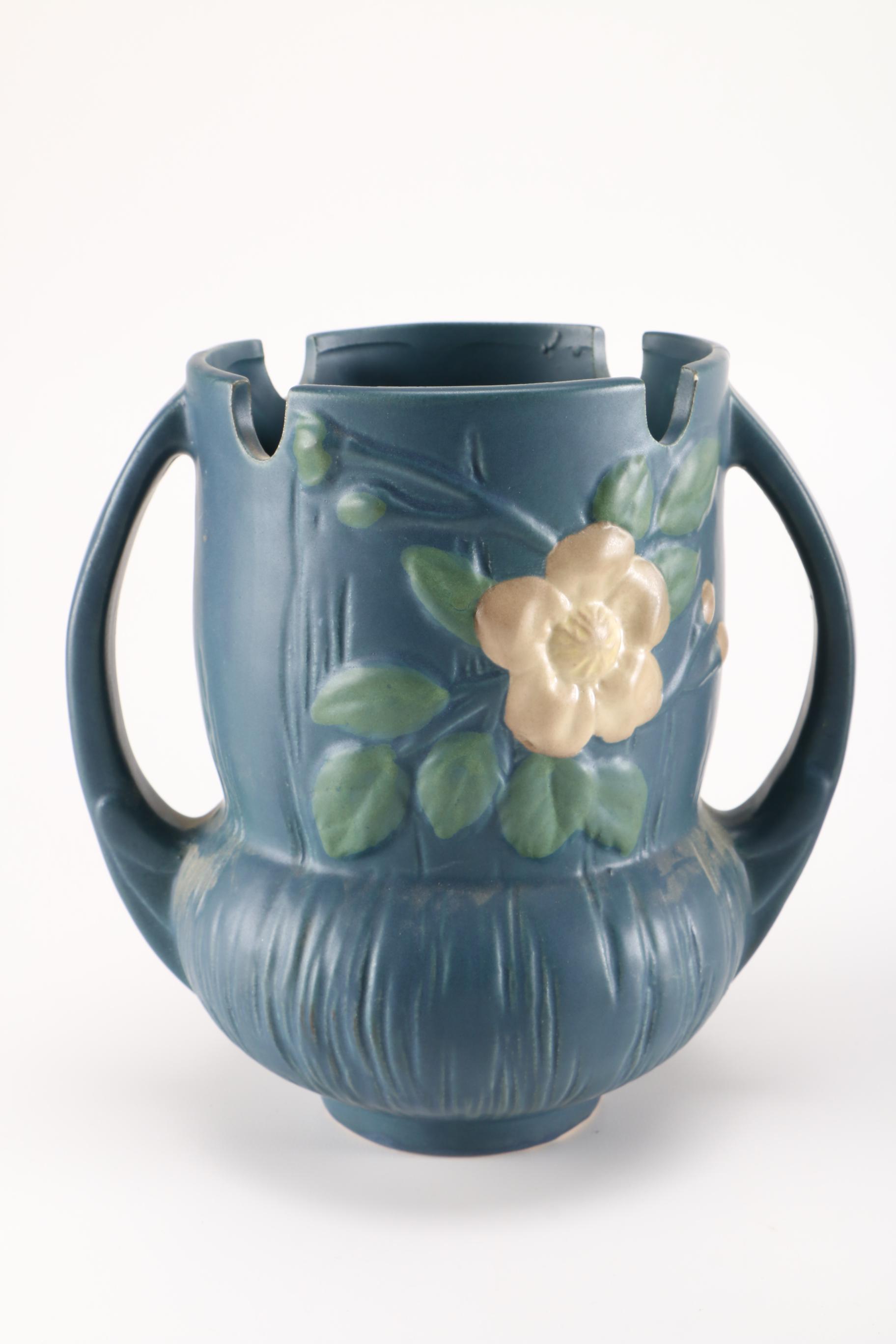 Vintage Roseville Pottery "White Rose" Vases and "Freesia" Jardiniere