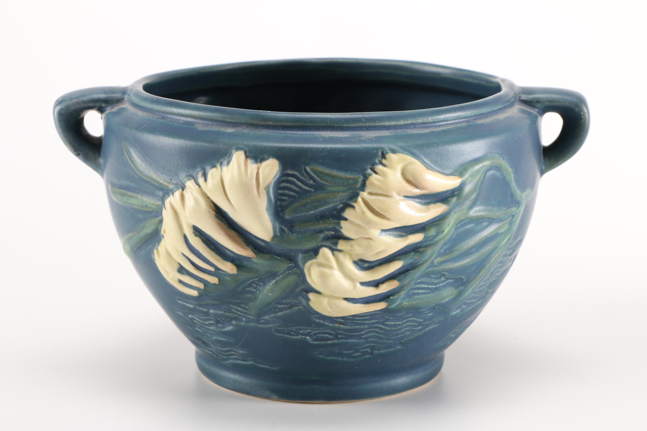 Vintage Roseville Pottery "White Rose" Vases and "Freesia" Jardiniere