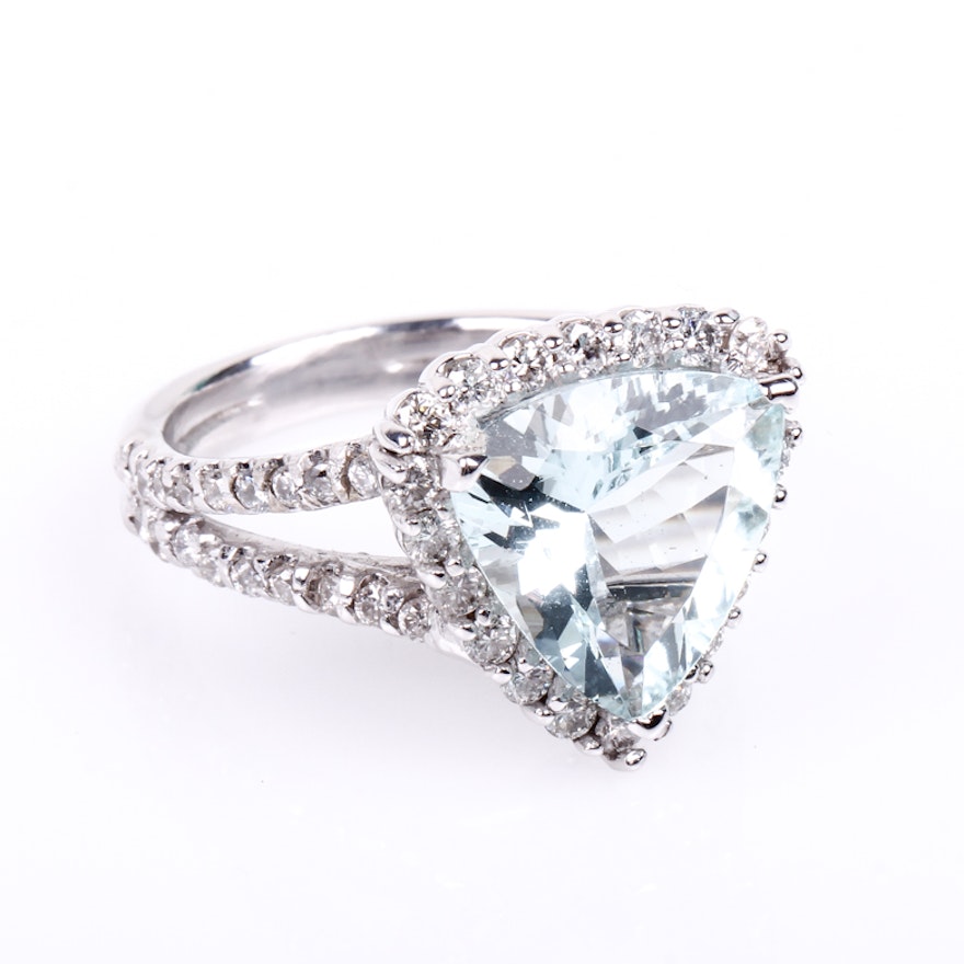 14K White Gold, Trillion Cut Aquamarine, and Diamond Ring