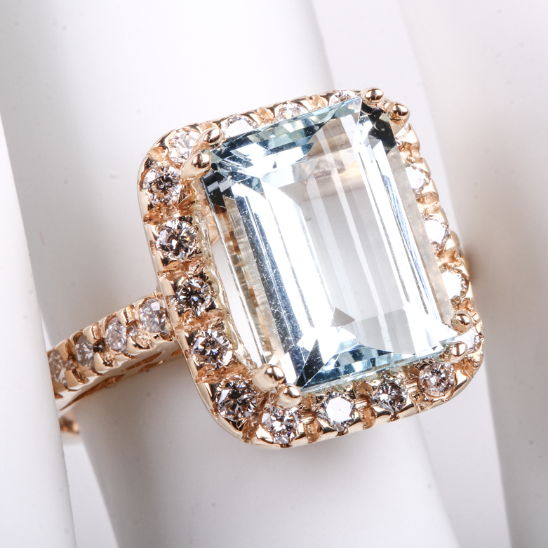 14K Yellow Gold, Aquamarine, and Diamond Cocktail Ring