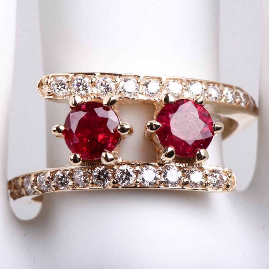 14K Yellow Gold, Diamond, and Twin Ruby Bypass Ring