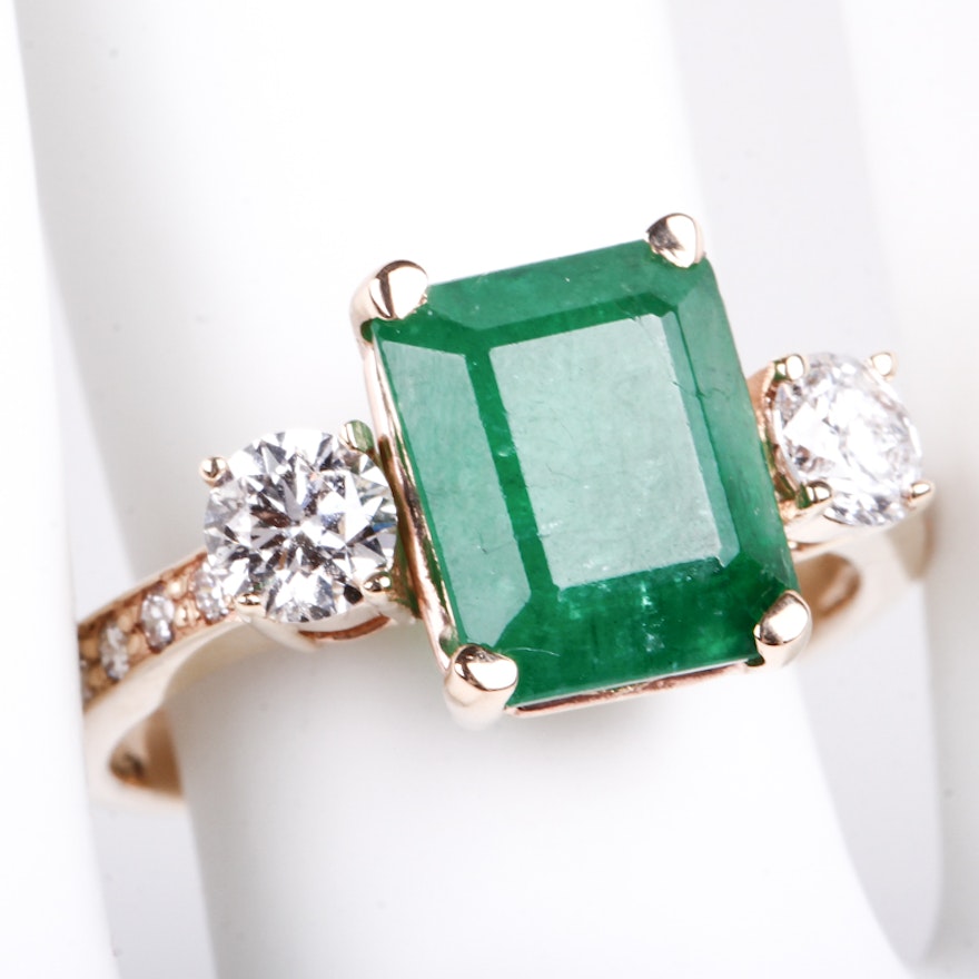 14K Yellow Gold, Emerald, and Diamond Ring