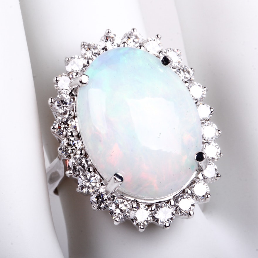18K White Gold, 5.67 CTS Opal, and 1.30 CTW Diamond Cocktail Ring