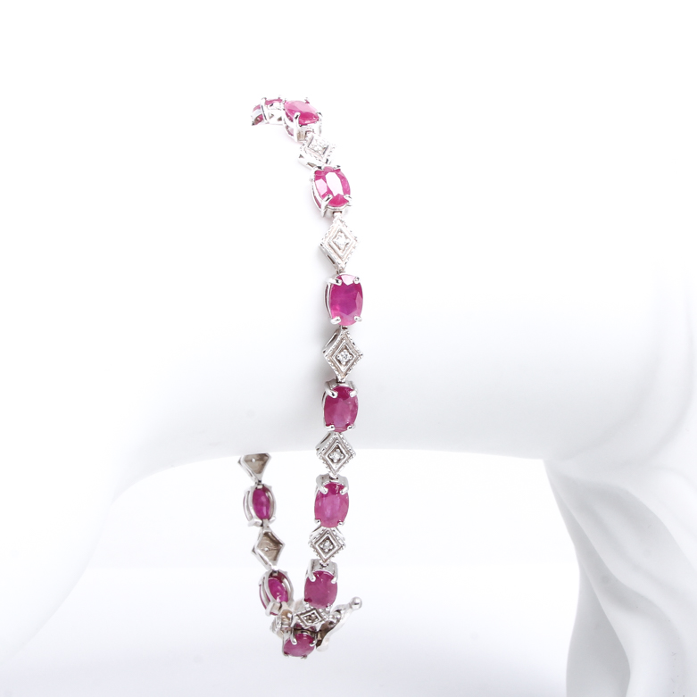 14K White Gold, Ruby, and Diamond Tennis Bracelet